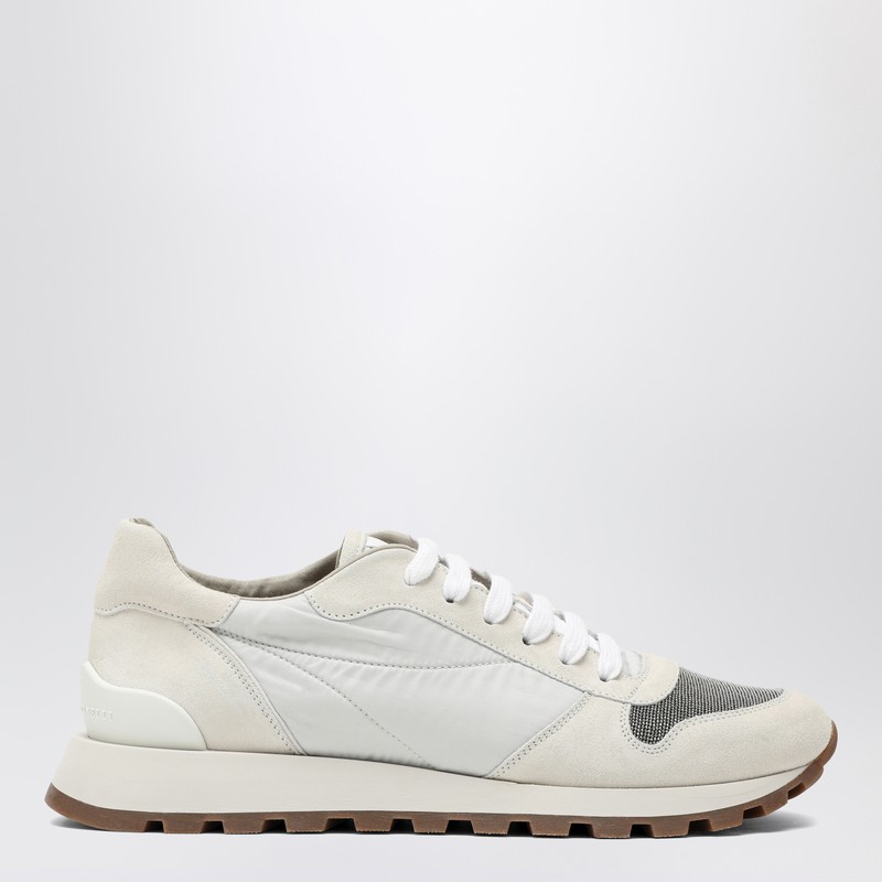 White nylon and suede trainer