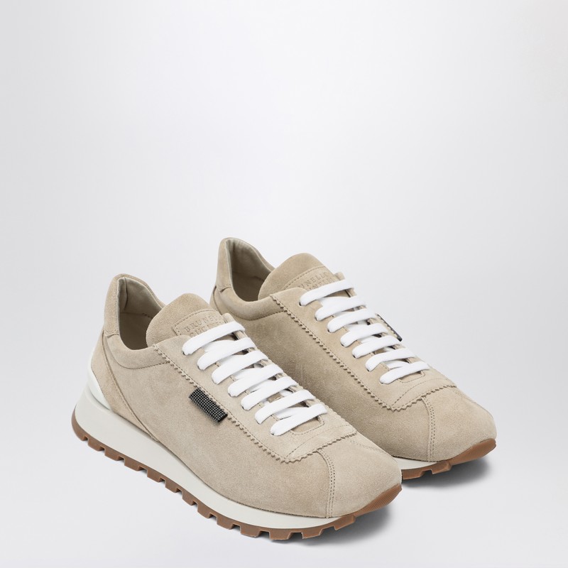 Brunello Cucinelli Suede Sneakers With Shiny Tab Women In Beige