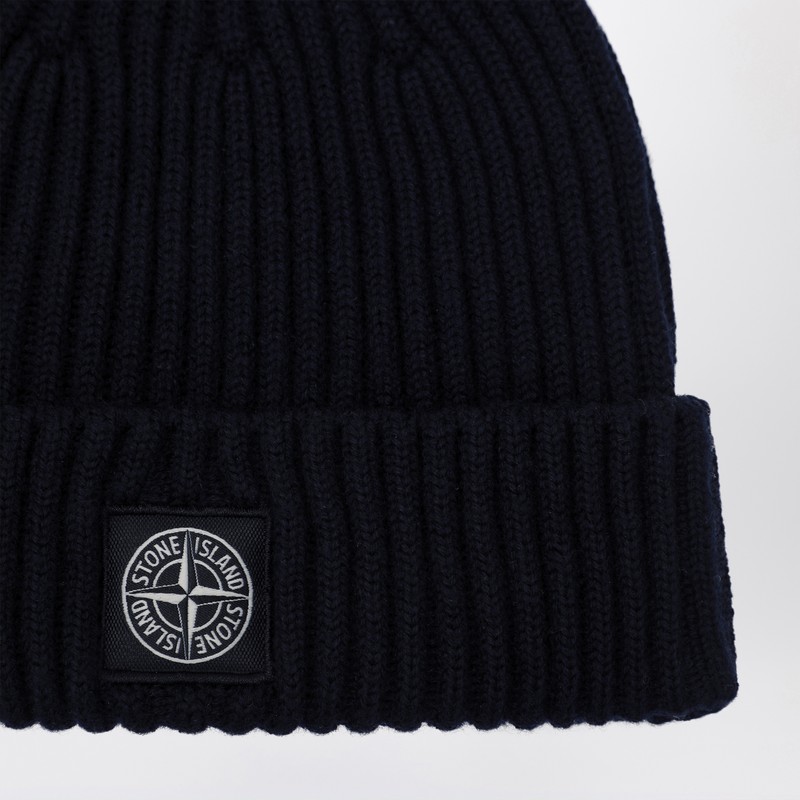 Stone Island Navy Blue Wool Beanie In Black