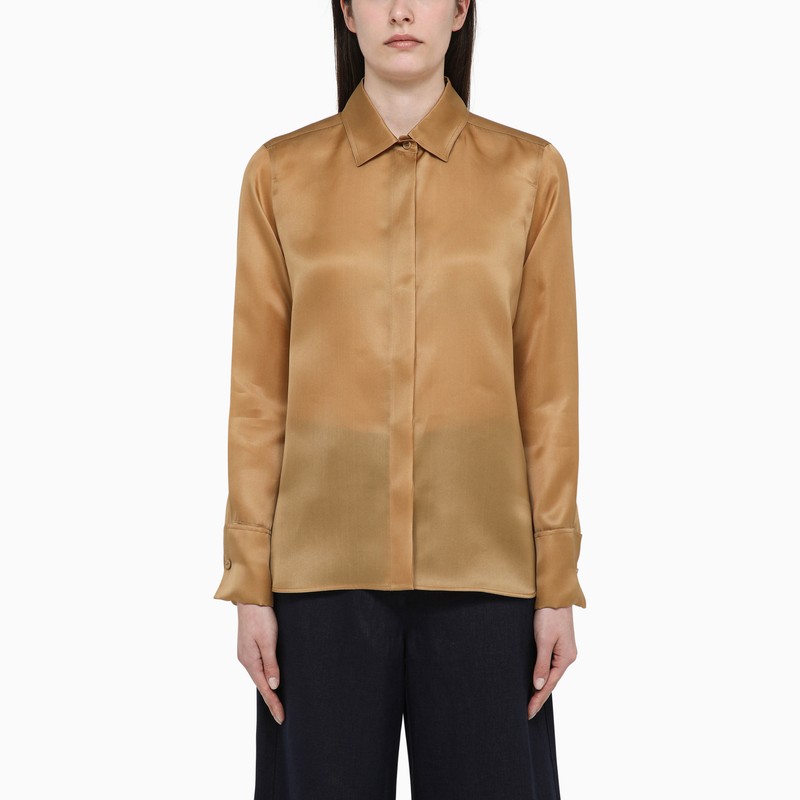 Shop Max Mara Leather-coloured Silk Shirt In Brown