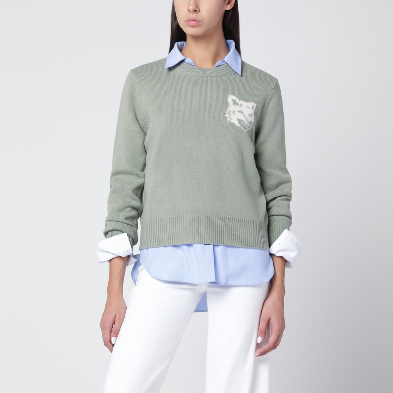 Sage green wool sweater with Fox Head embroidery