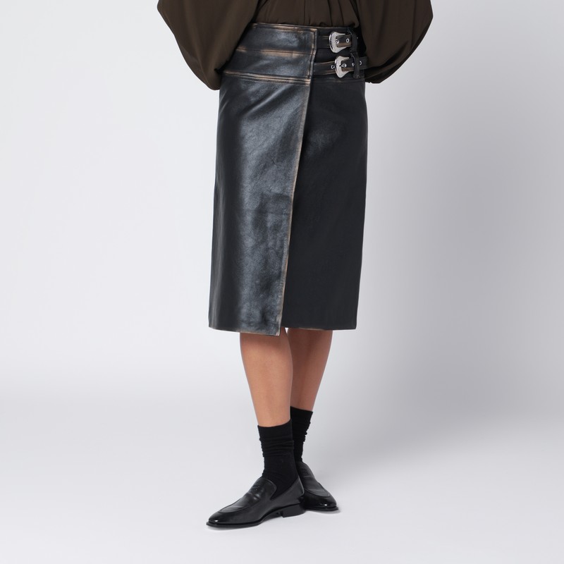 Black vintage-effect leather skirt