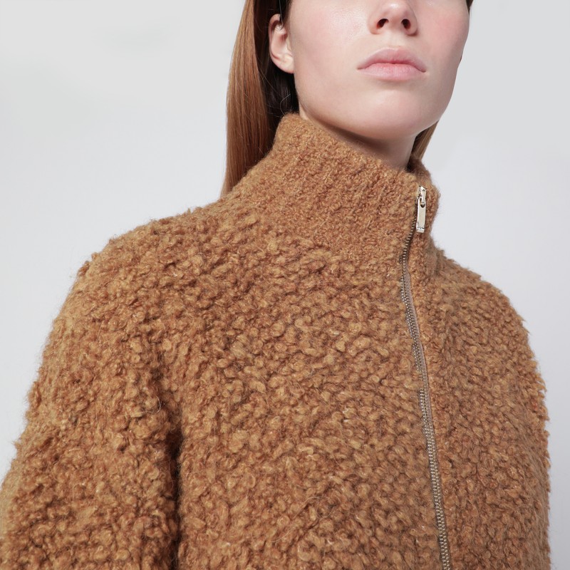 Max Mara Studio Beige Zipup Cardigan In Boucle Wool Blend In Brown