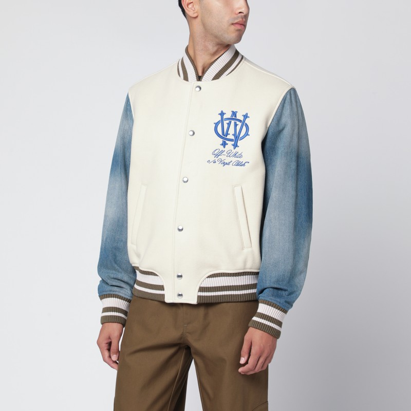 Ivory bomber jacket with denim sleeves