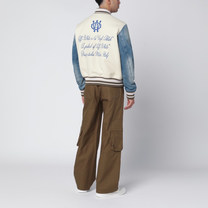Off-white Ivory Bomber Jacket With Denim Sleeves In White