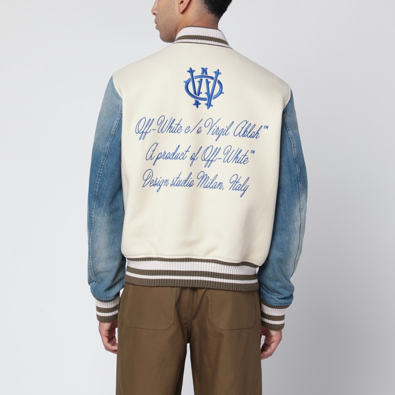 Off-white Ivory Bomber Jacket With Denim Sleeves In White