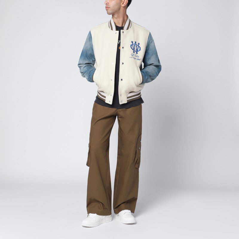 Off-white Ivory Bomber Jacket With Denim Sleeves In White