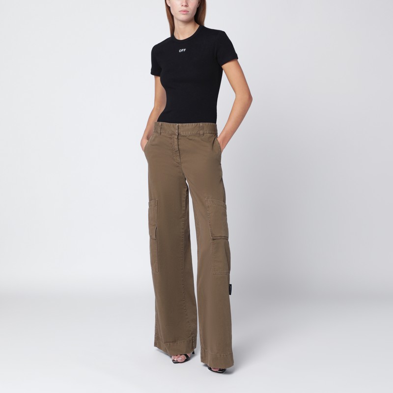 Off-white Brown Cotton Cargo Trousers In Green