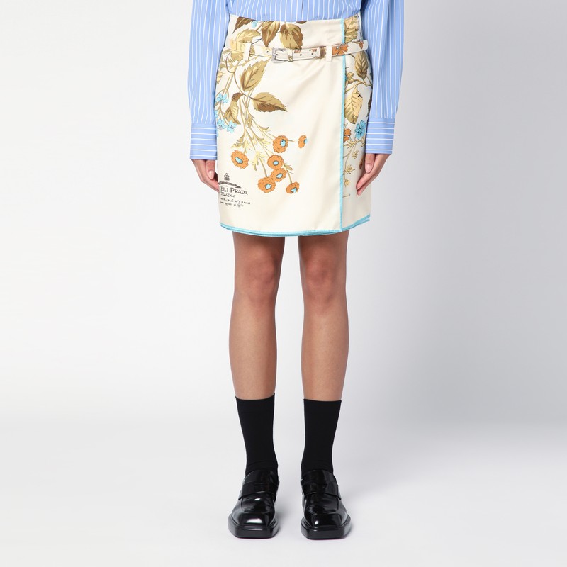 Sand-coloured mini skirt with silk print