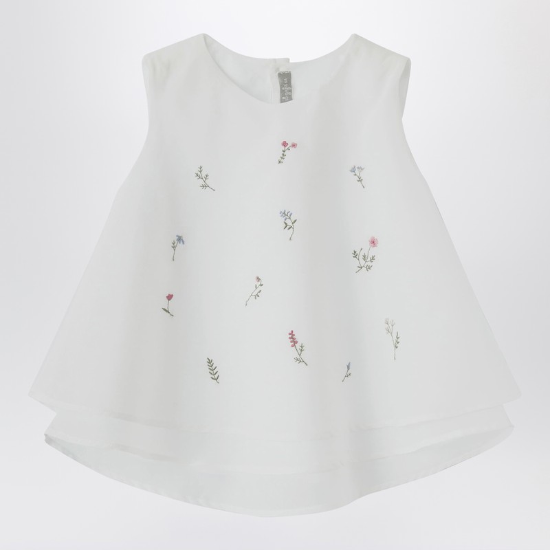 Il Gufo White Tank Top With Flower Embroidery In Cotton Voile In White