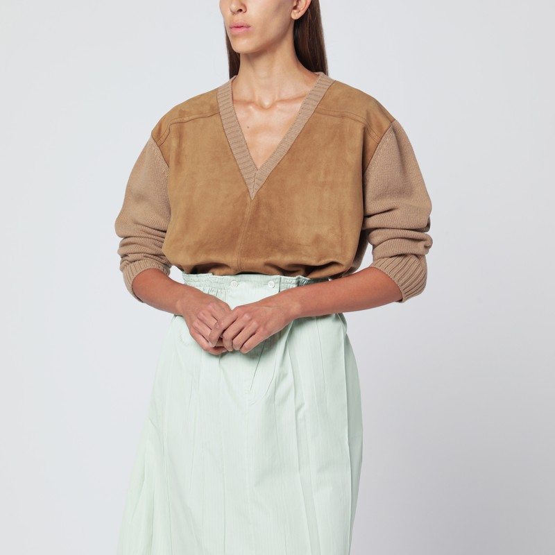 Camel-colored wool and suede sweater