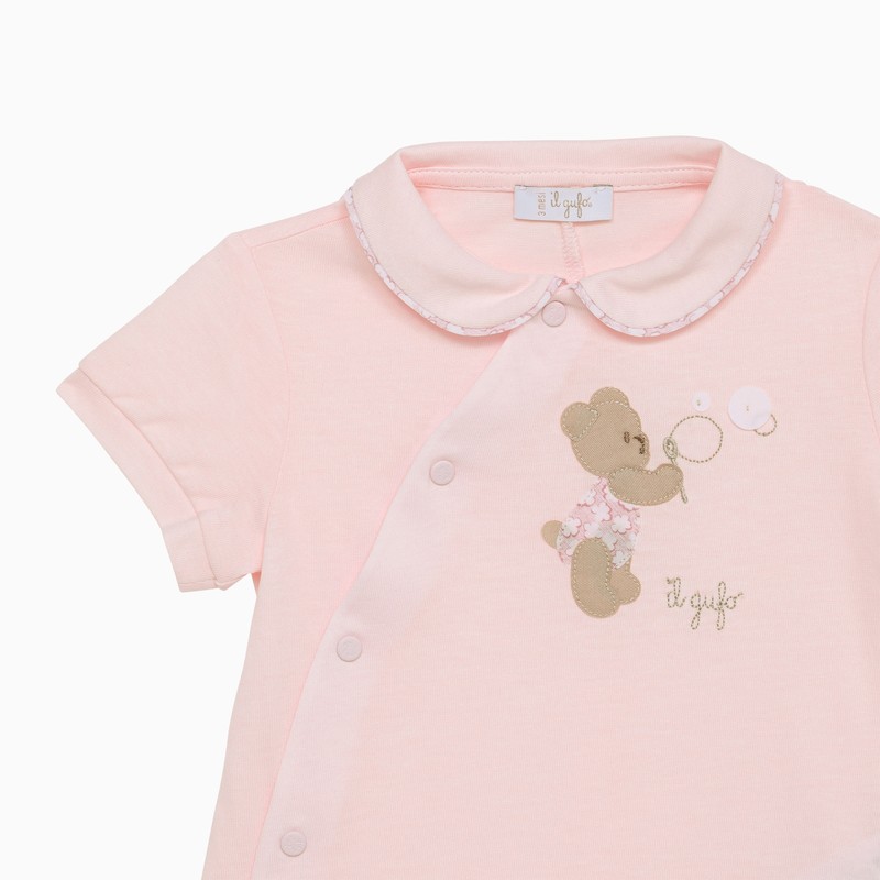 Il Gufo Pink Cotton Sleepsuit With Bear Embroidery In Pink