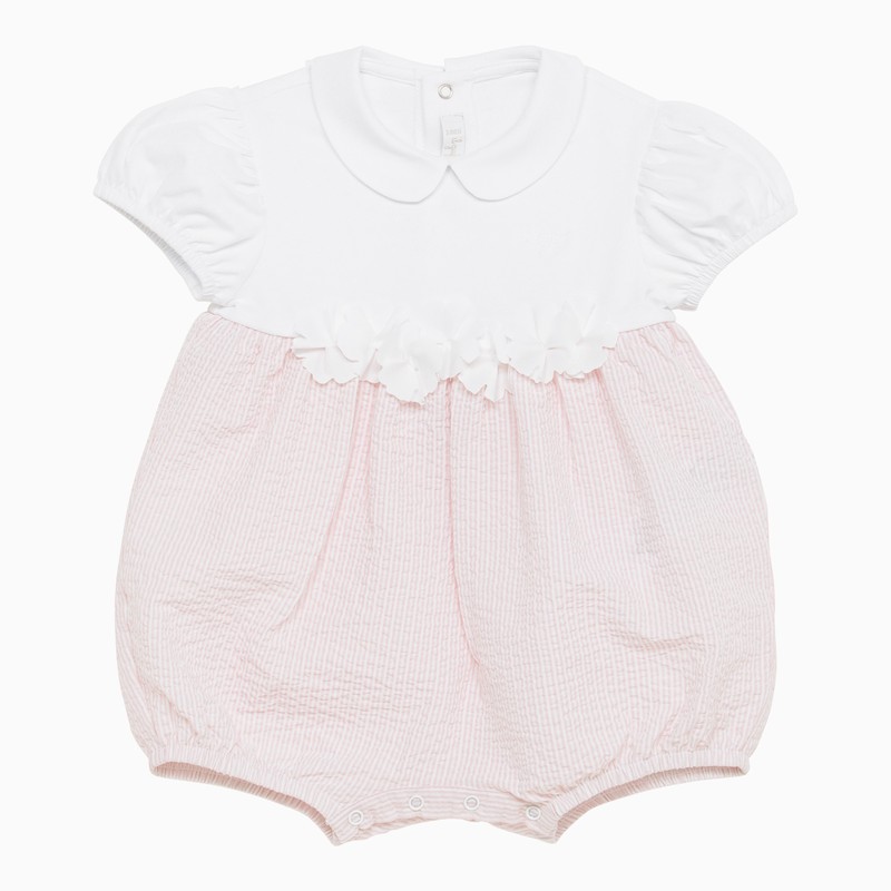 Il Gufo Pink And White Bimateric Short Playsuit With Appliqué Flowers In Pink
