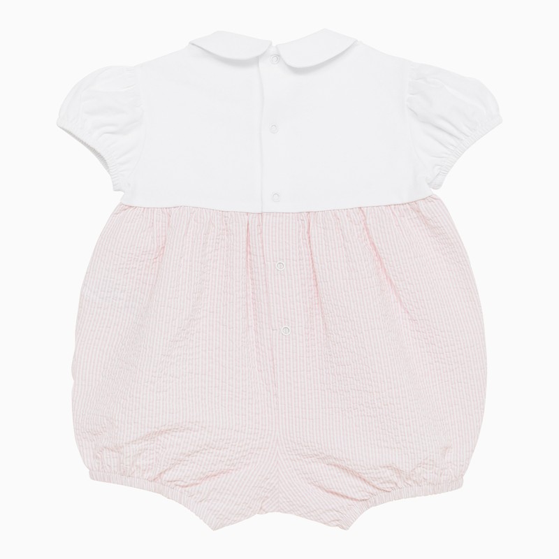 Il Gufo Pink And White Bimateric Short Playsuit With Appliqué Flowers In Pink