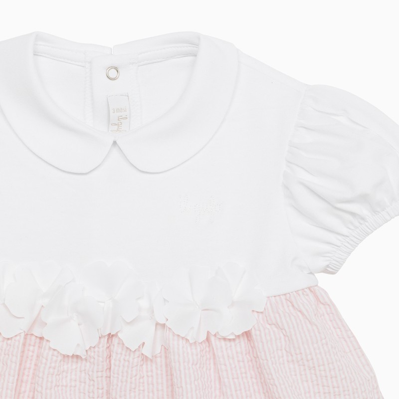 Il Gufo Pink And White Bimateric Short Playsuit With Appliqué Flowers In Pink