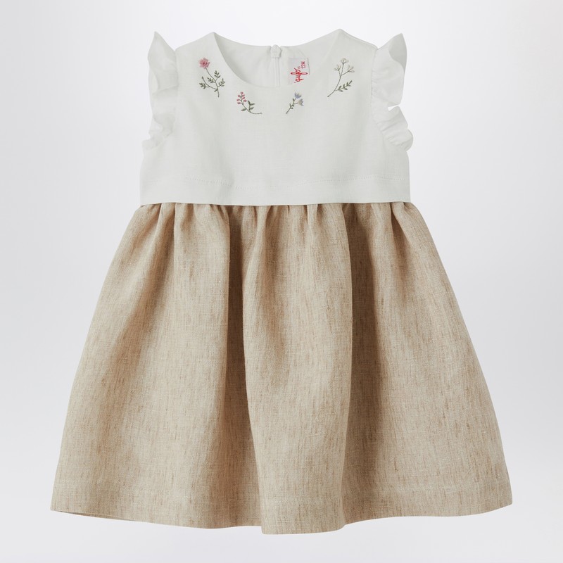 Il Gufo White/beige Linen Sleeveless Dress In Multicolor