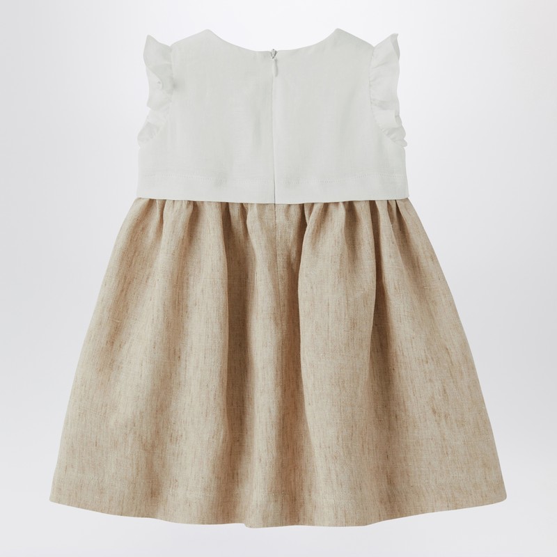 Il Gufo White/beige Linen Sleeveless Dress In Multicolor