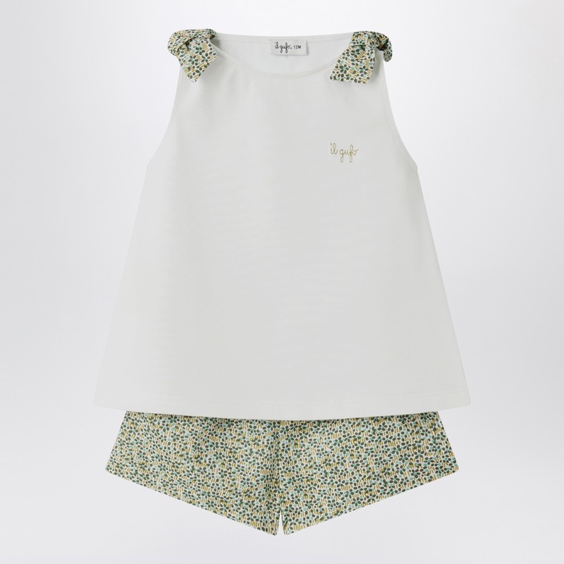 Il Gufo Two-piece White Set In Liberty Fabric In Green