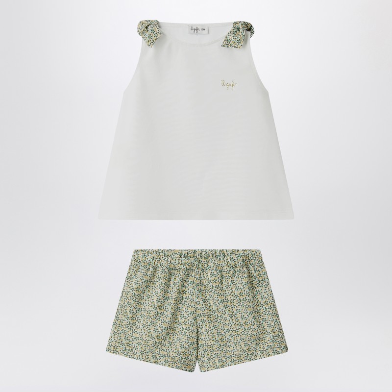 Il Gufo Two-piece White Set In Liberty Fabric In Green