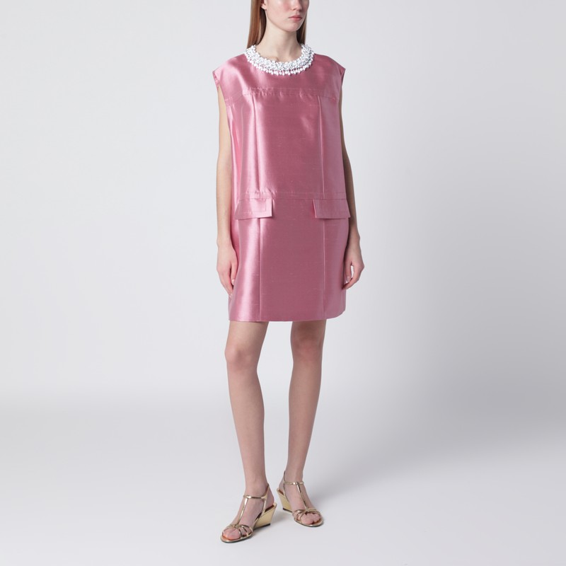 Short wool and silk dress in pink with rhinestones