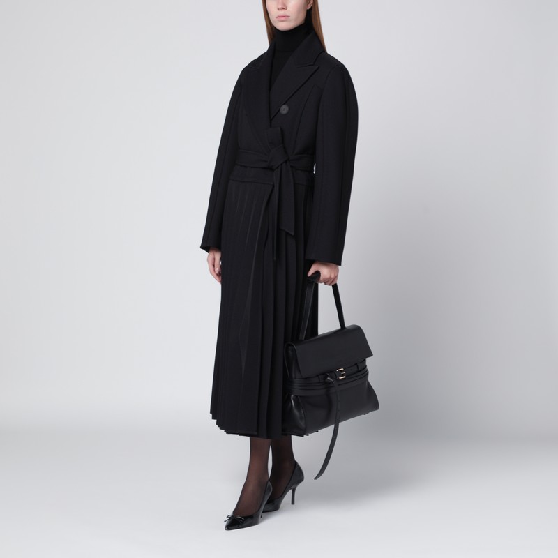 Max Mara Black Pleated Redingote Coat In Technical Fabric In Gray