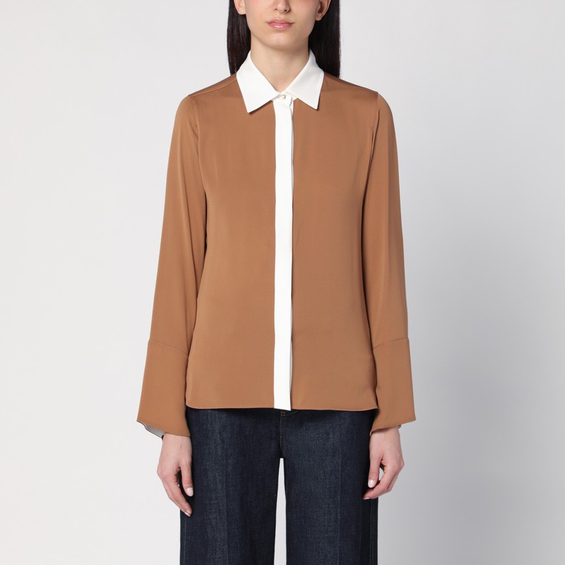 Camel silk colour-block shirt