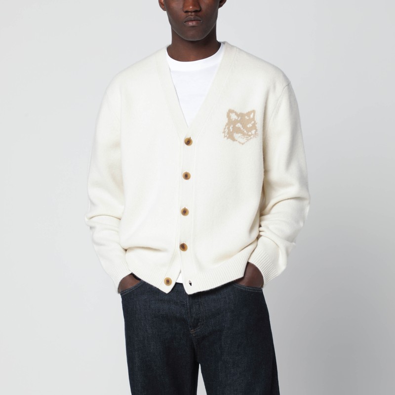 Maison Kitsuné Ecru Wool Cardigan With Fox Head Intarsia In White