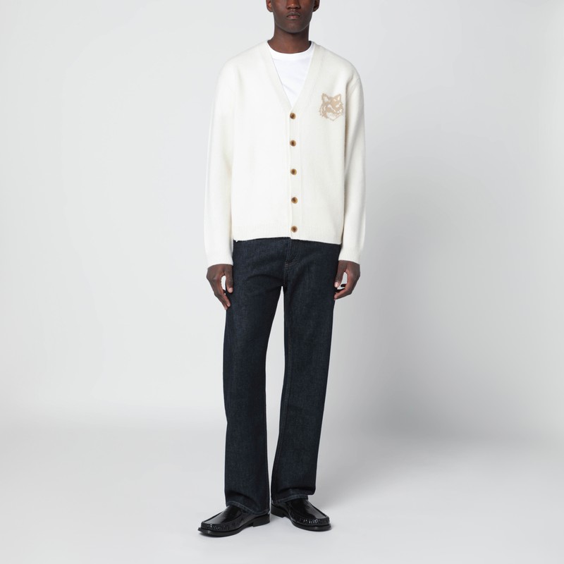 Maison Kitsuné Ecru Wool Cardigan With Fox Head Intarsia In White