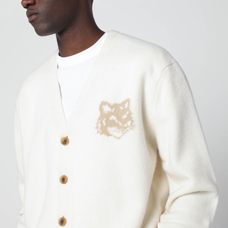 Maison Kitsuné Ecru Wool Cardigan With Fox Head Intarsia In White