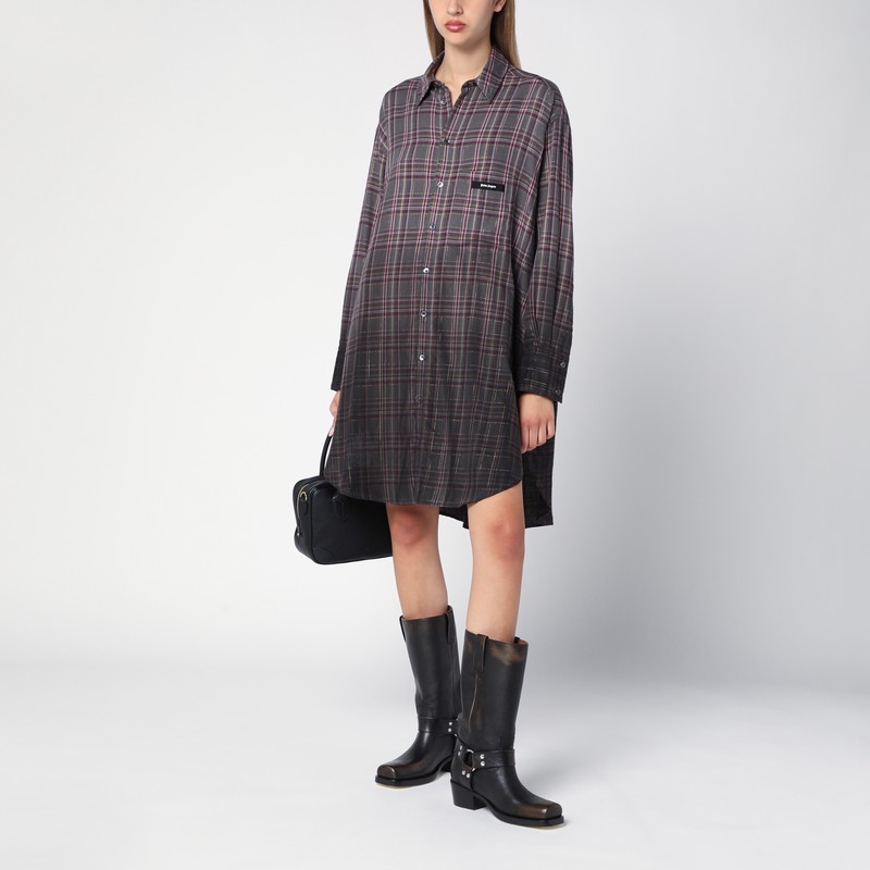 Palm Angels Checkered Chemisier Dress With Logo In Grey