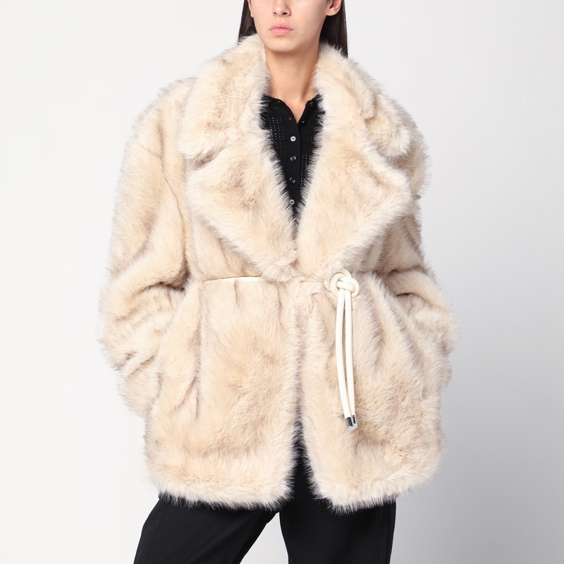 Beige faux fur coat with belt