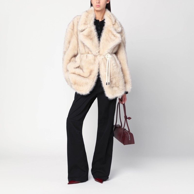 Sportmax Beige Faux Fur Coat With Belt In Sand