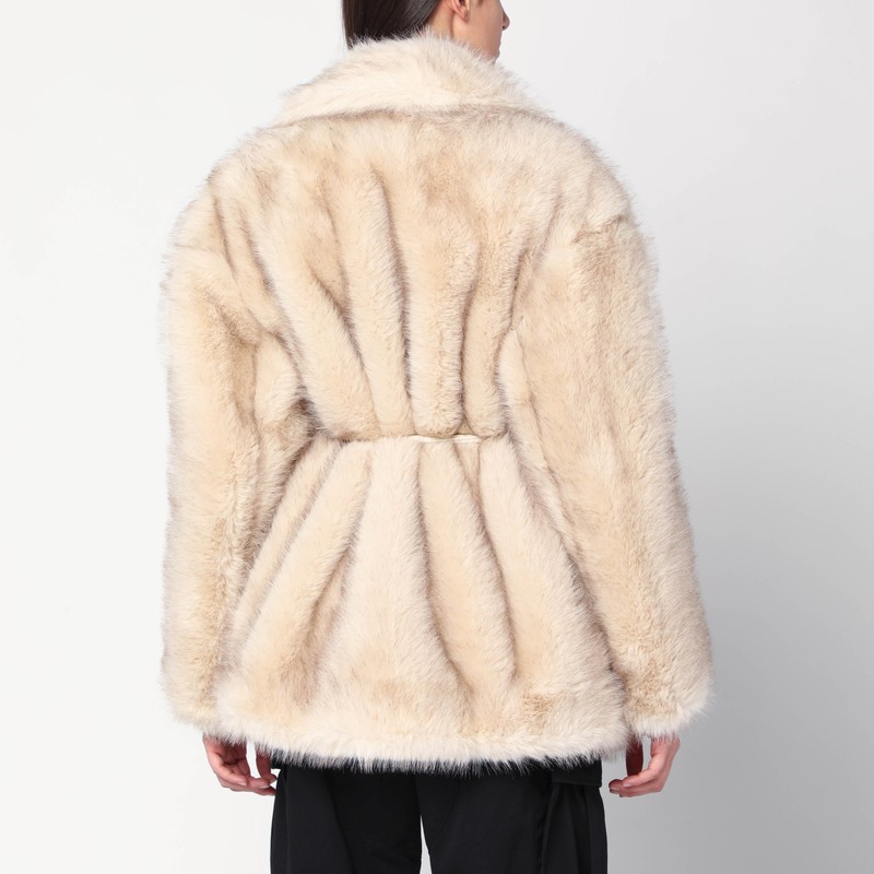 Sportmax Beige Faux Fur Coat With Belt In Sand