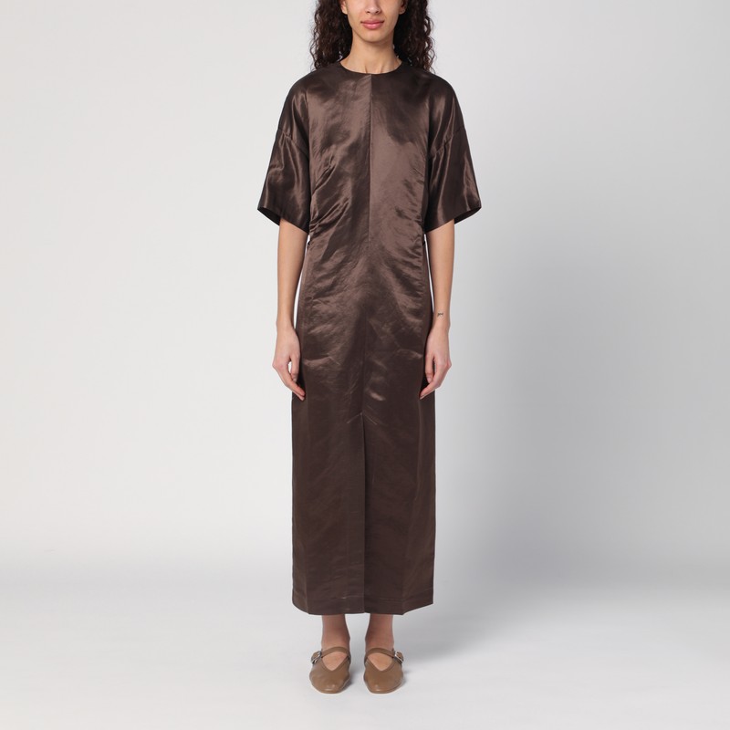 Long brown dress in linen and silk