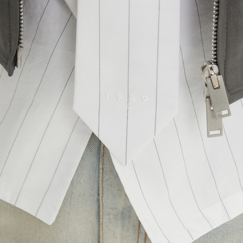1989 Studio White Striped Tie In White