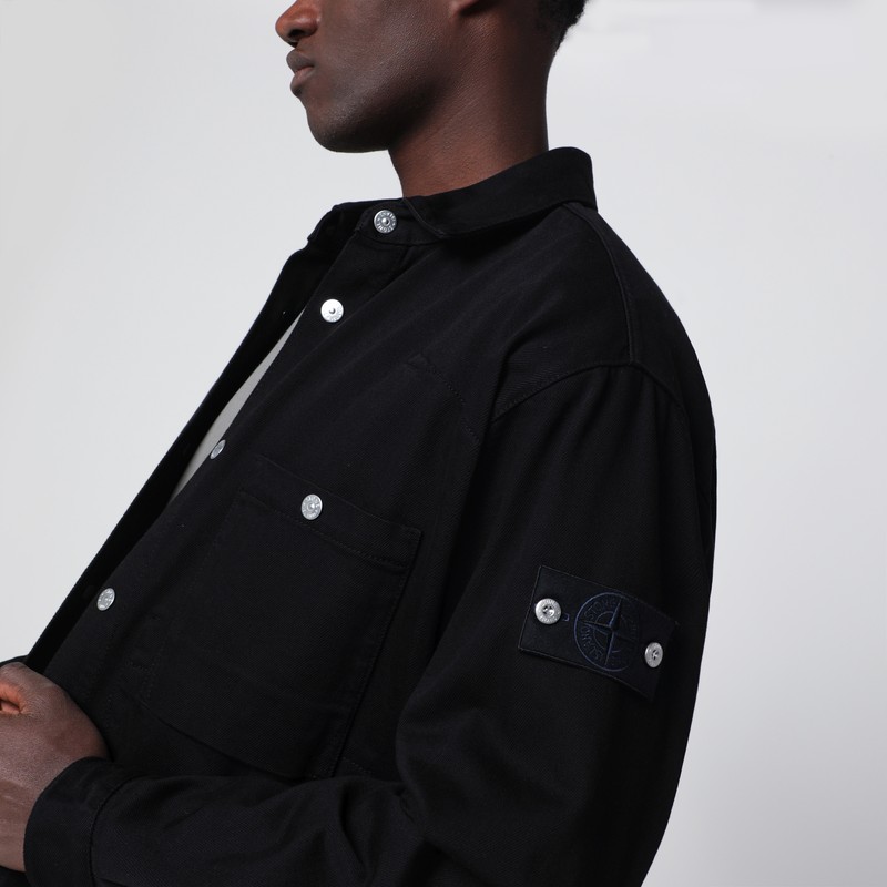 Stone Island Bull Denim-tc Overshirt With Bellows Pockets In Black