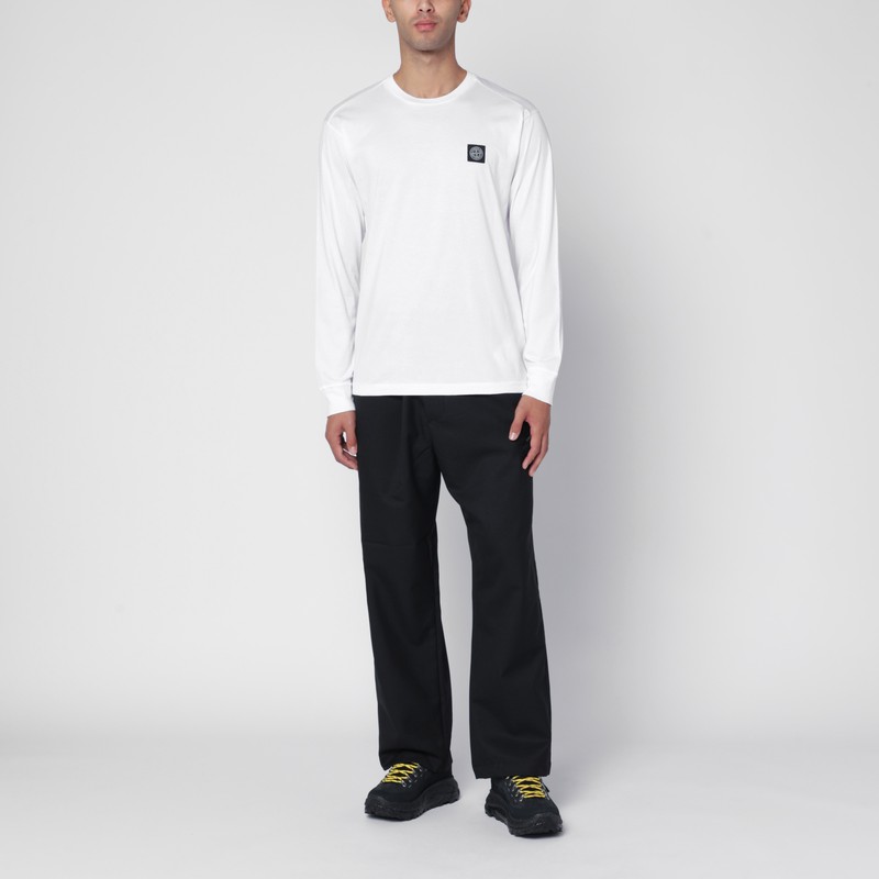 Stone Island White Long-sleeve Crewneck T-shirt With Logo Patch On The Front In Cotton Man In White