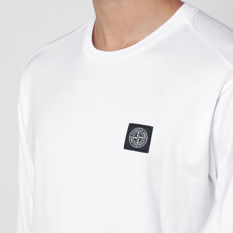 Stone Island White Long-sleeve Crewneck T-shirt With Logo Patch On The Front In Cotton Man In White