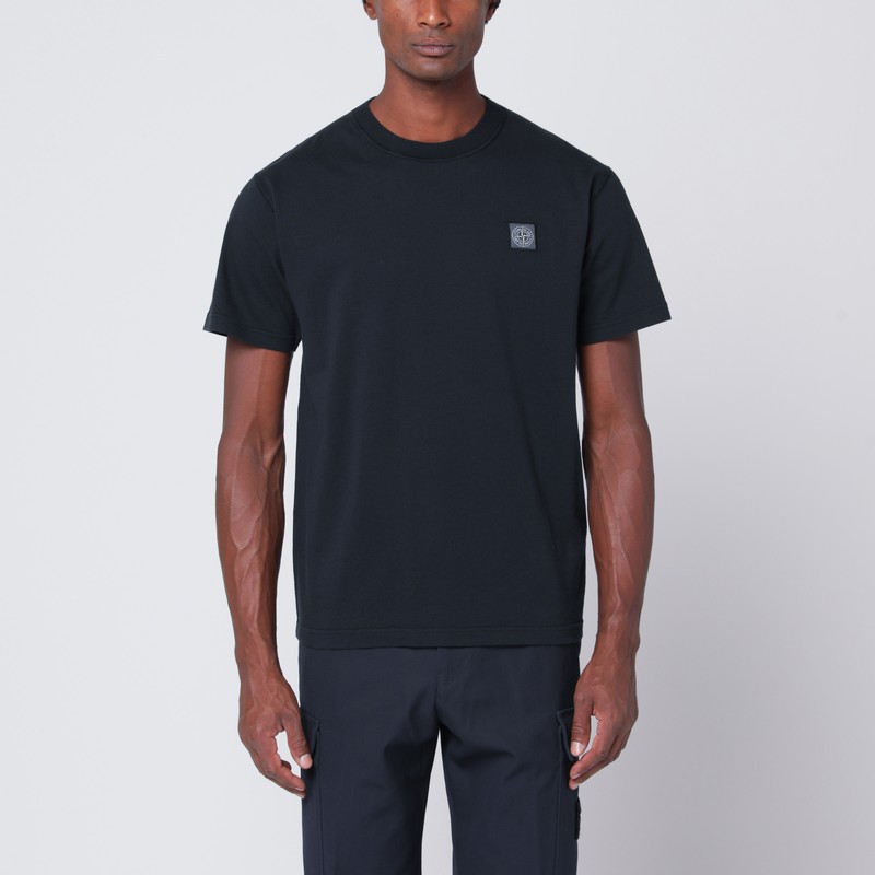 Stone Island Navy Blue Cotton T-shirt With Logo Patch In Blue