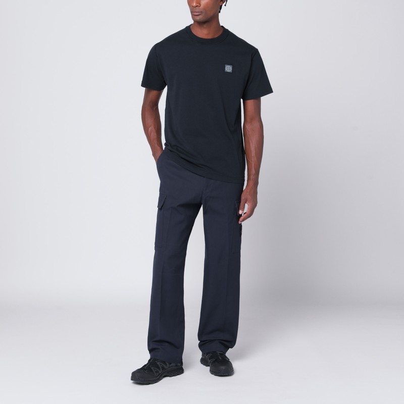 Stone Island Navy Blue Cotton T-shirt With Logo Patch In Blue