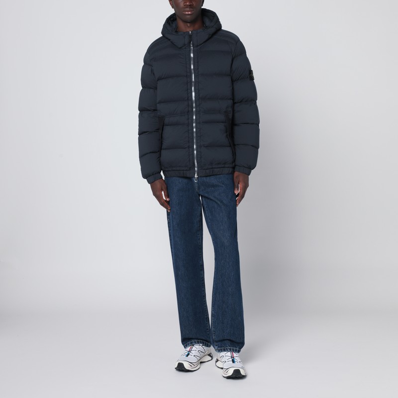 Stone Island Navy Blue Hooded Puffer Jacket In Blue