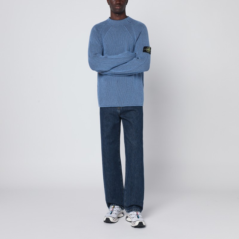 Stone Island Light Blue Ribbed Vanisé Sweater In Blue