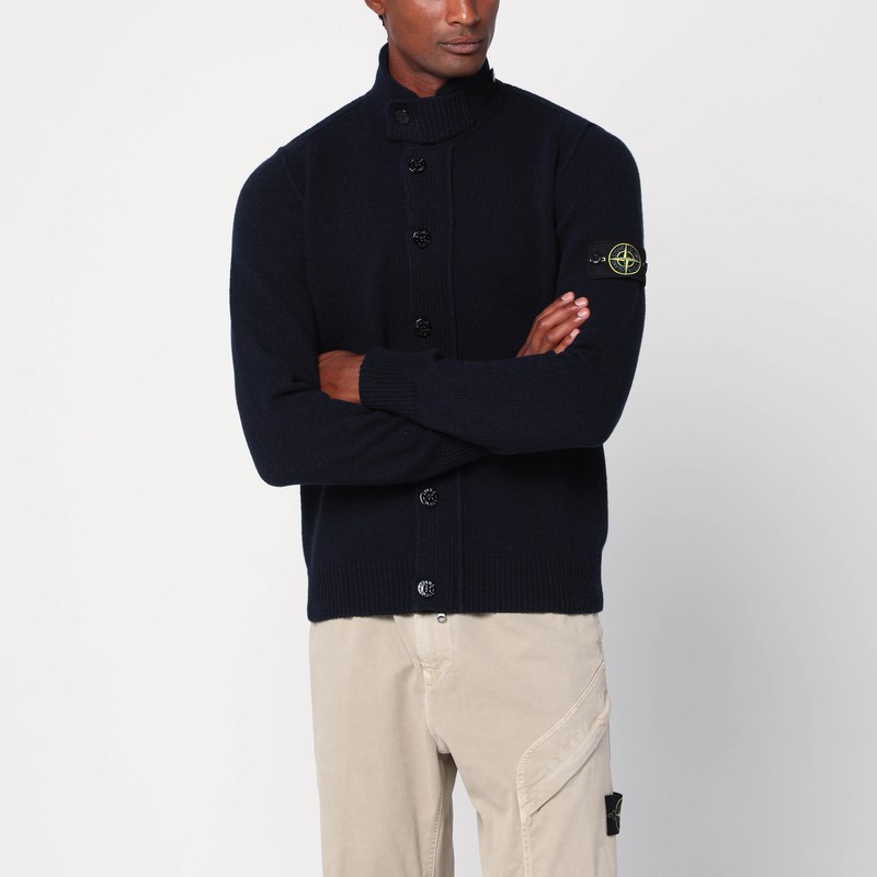 Stone Island Navy Blue Cardigan In Wool Blend In Blue
