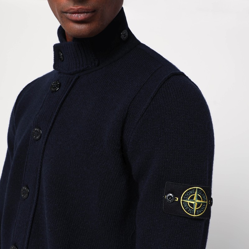 Stone Island Navy Blue Cardigan In Wool Blend In Blue