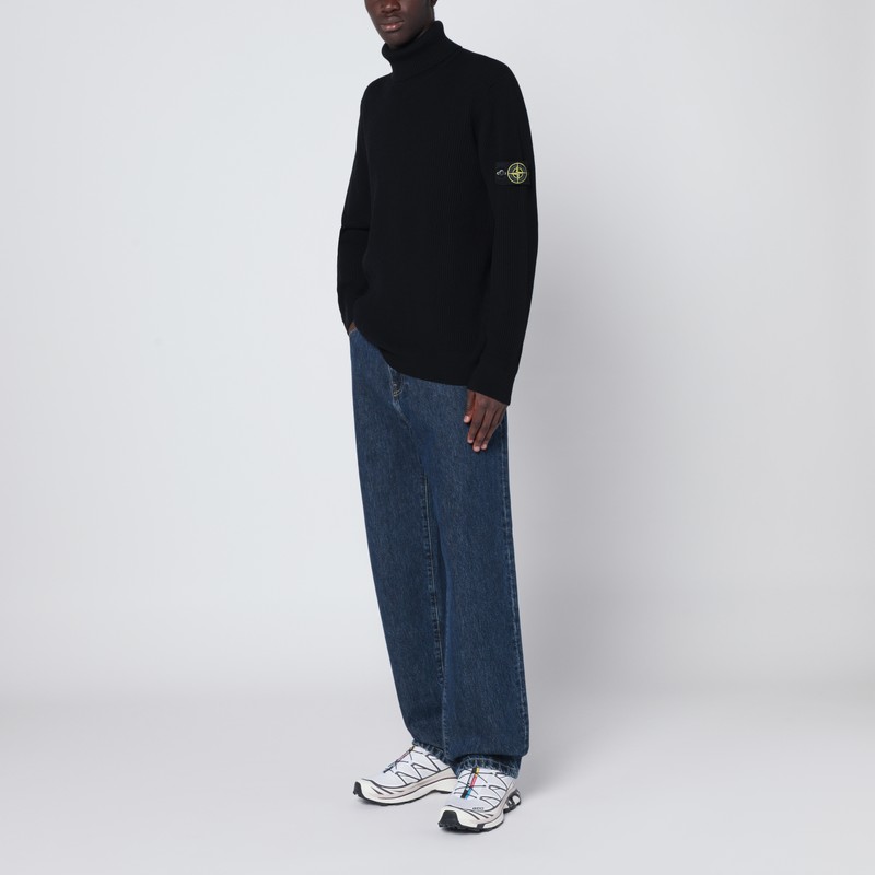 Stone Island Black Ribbed Turtleneck Sweater In Animal Print