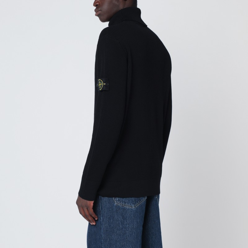 Stone Island Black Ribbed Turtleneck Sweater In Animal Print