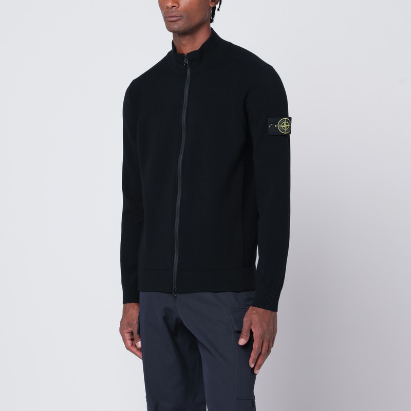 Stone Island Black Zip-up Cardigan In Wool Blend In Black