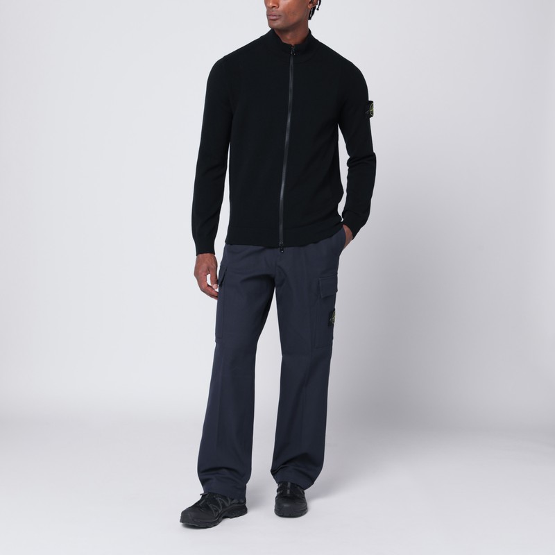 Stone Island Black Zip-up Cardigan In Wool Blend In Black