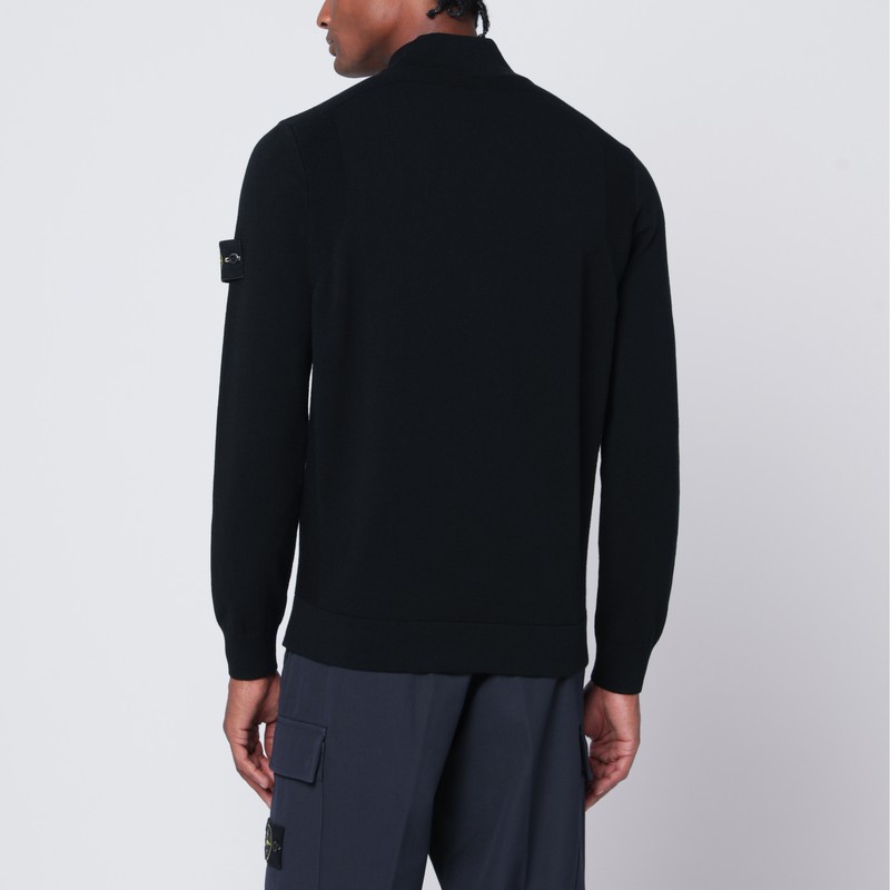 Stone Island Black Zip-up Cardigan In Wool Blend In Black