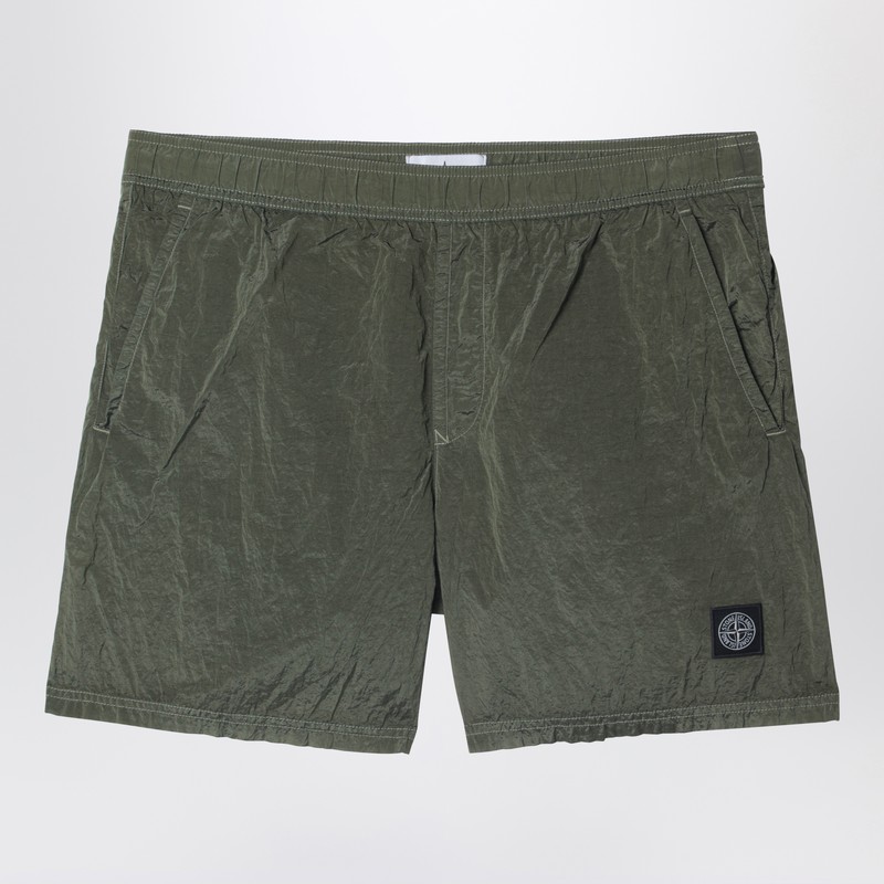 Military green nylon swim shorts